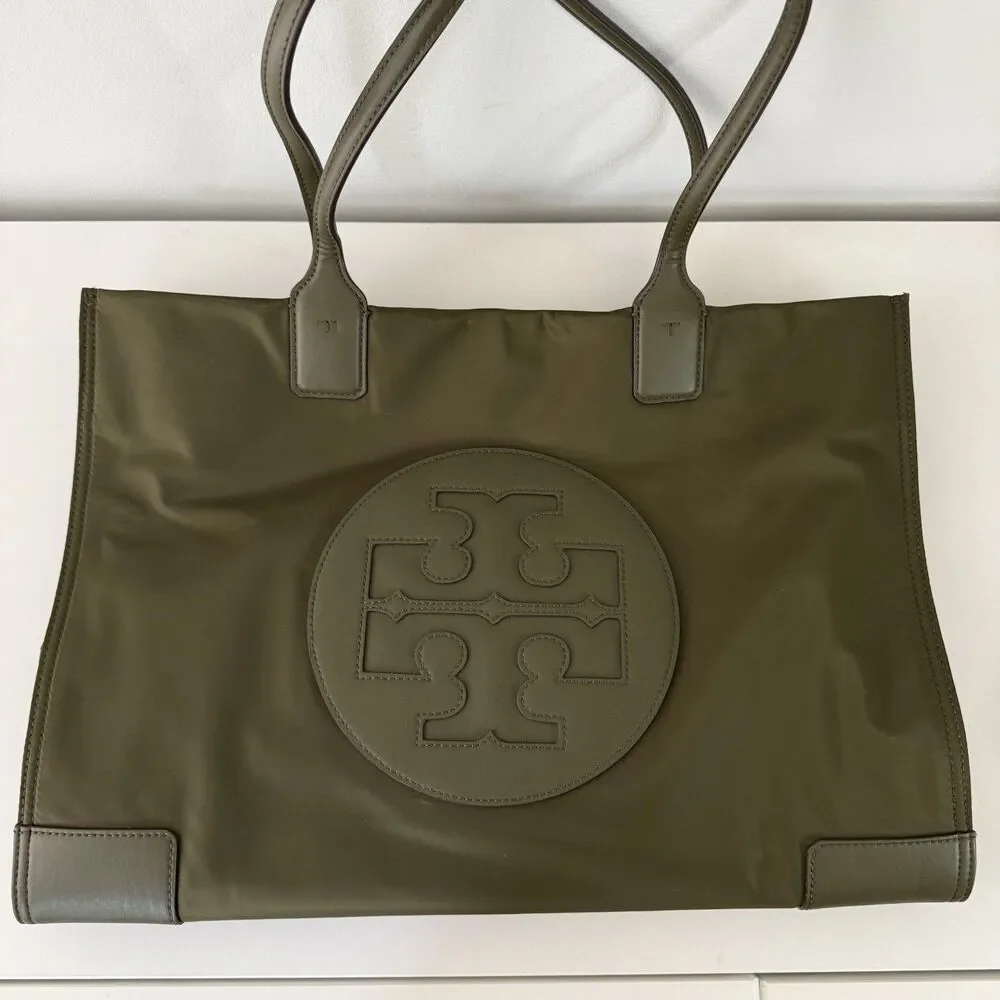 Tory Burch Ella Nylon Tote Bag Olive Leather Trim Authentic Light & Durable NWOT